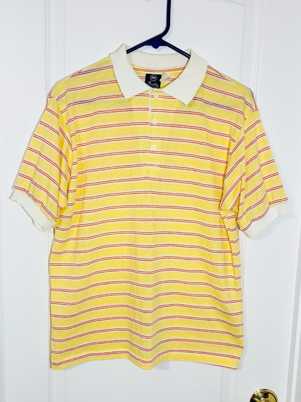 Vintage Berkley Shirtmakers Striped Knit Polo Shirt Yellow Red White Men’s Large